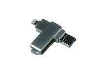 USB-флешка на 128 Гб, интерфейс USB3. 0, поворотный механизм, c дополнительными разъемами для I-phone Lightning и Micro USB, полностью металлический корпус, серебро