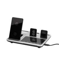 Беспроводная (15W) зарядная станция "Smart Lift" с сенсорным подъёмным механизмом, часами и ночной подсветкой, цвет черный с серебристым